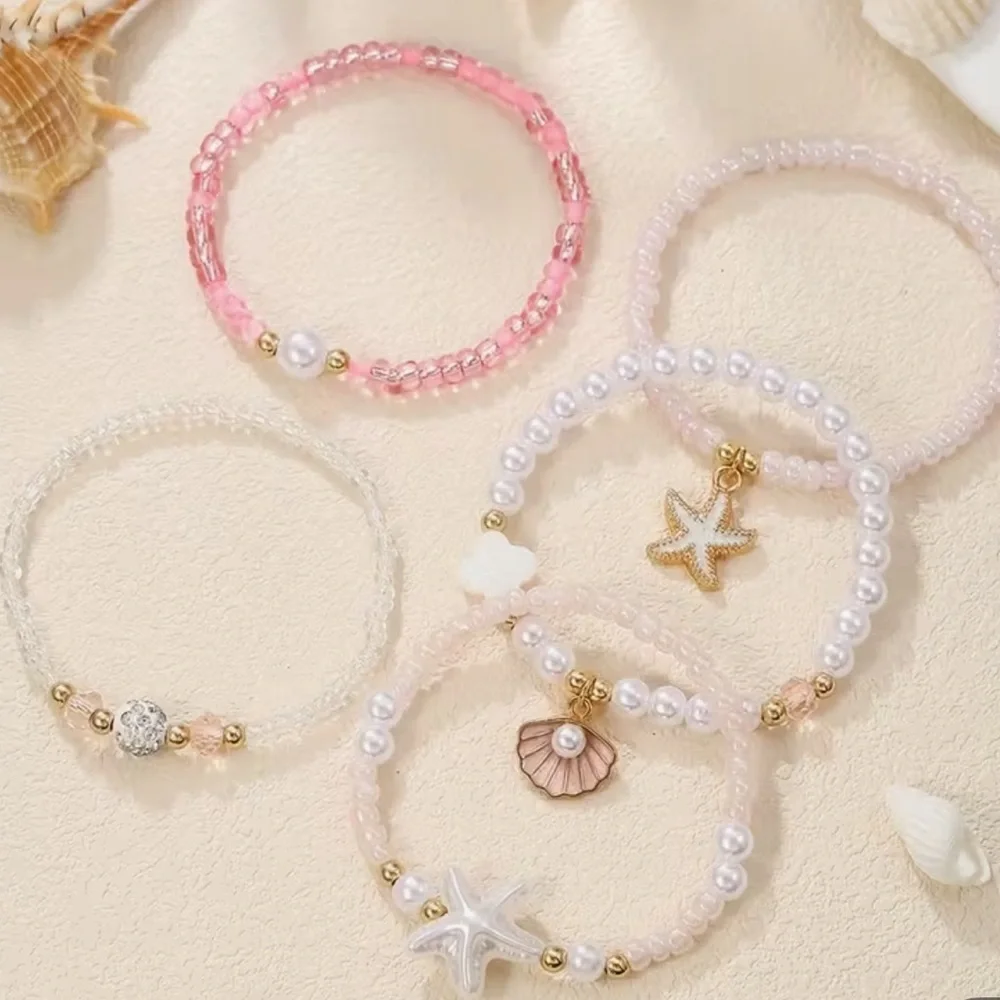 Set of 5 Sea Charm Pink & White Stackable Bead Bracelets - Picture 4 of 5